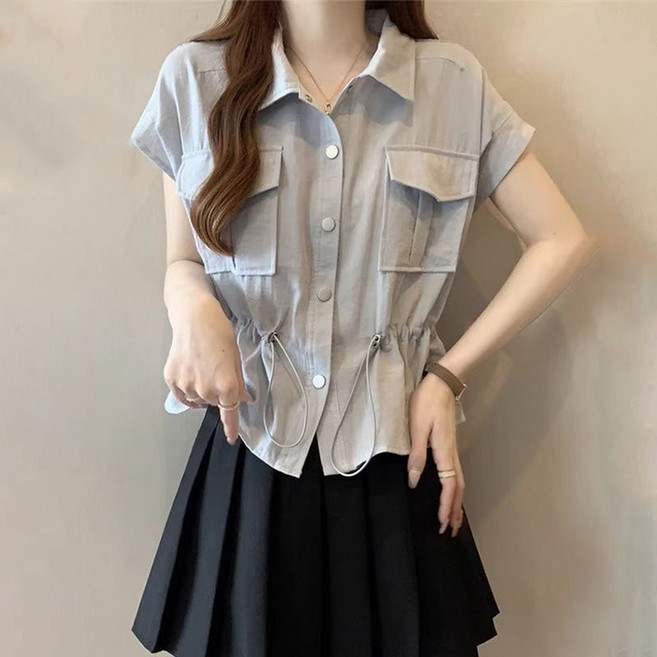 FANSYLI 블라우스 여성 반팔 터틀넥 블라우스 심플 캐주얼 통근 블라우스 허리밴딩 데일리 캐주얼 카고 셔츠 오피스룩 빅사이즈 X2506J26