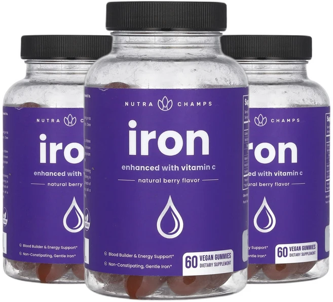 뉴트라챔프 철분 iron 비타민C 천연 베리 비건 구미젤리 60개 2+1, 60회분, 3개 - 쿠팡