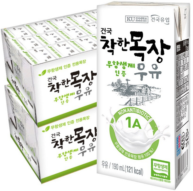 [건국유업] 착한목장 무항생제 멸균우유, 190ml, 48개