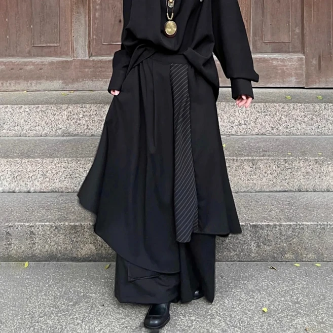 남성 사무라이 바지 스트라이프 더블 레이어 스커트 바지 하카마 스트리트웨어 패션 올매치 심플 와이드 레