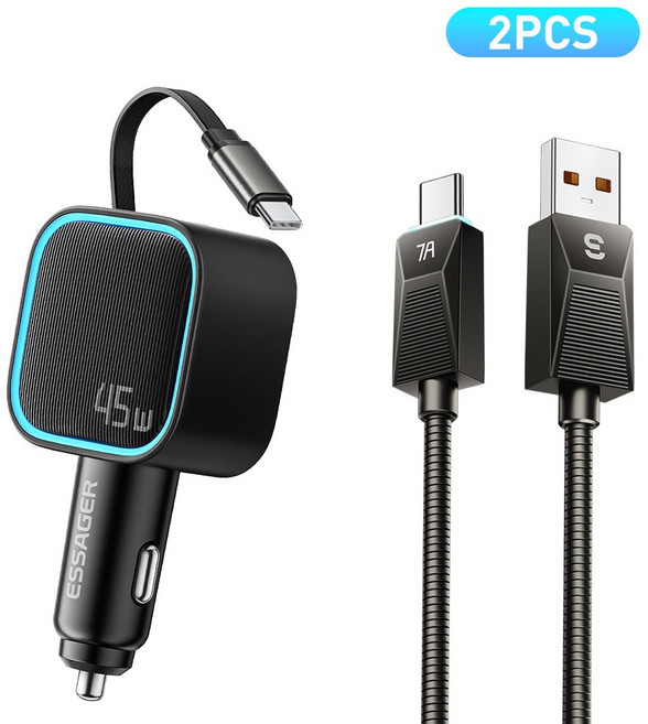 ESSAGER 동시3대충전 3포트 릴타입 USB A타입 차량용 고속충전기 멀티형 C타입 시거잭/시가잭 충전기 PD/QC3.0/FCP/SCP/Sumsang/Apple2.4, 블랙, 1세트