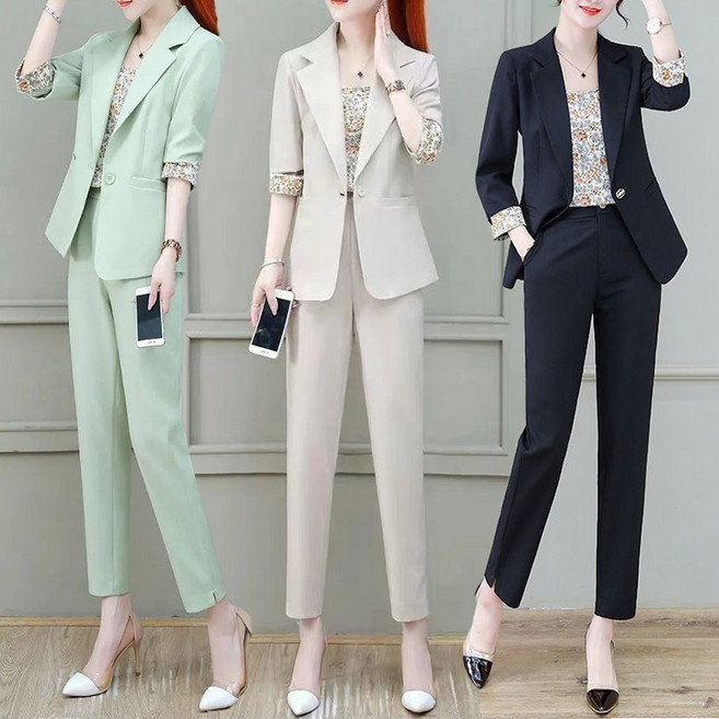3종세트 여성 7부소매 정장자켓 루즈핏 나시티 하객룩 정장 셋업 봄 여름 면접복 캐주얼 출근룩