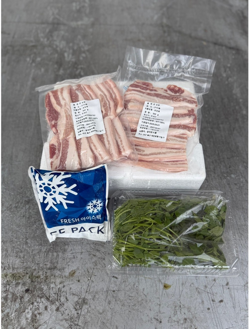 시골장터 국내산 생 삼겹살+미나리/+쌈채소, 1세트, 500g