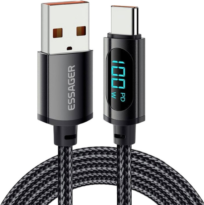 ESSAGER 數顯快充線, 快充線 7A 100W（U>C）黑, 1個, 1m