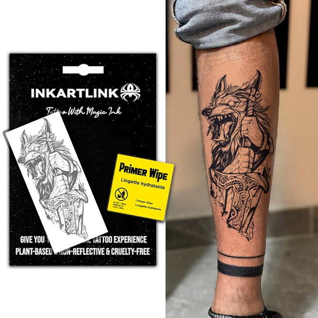 잉크아트링크 세미 퍼머넌트 임시 성인 아트 디자인 파티 취향 방수 사실적 없음 반사 2주 지속 엑스트라 라지 더블 블레이드 워리어, Wolf Swordsman, 1개