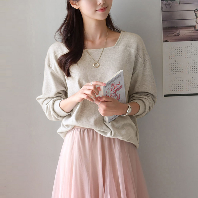 데일리앤 쇼트 여성 루즈핏 절개 라인 스퀘어넥 맨투맨 티셔츠 봄 가을 부드러운 긴팔 무지티