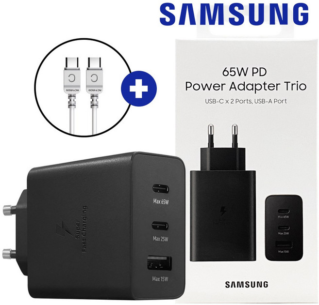 삼성 정품 65W 3구 3포트 트리오 초고속 충전기 어댑터 + ( 65W CToC케이블 사은품 증정), 1개, 블랙+사은품