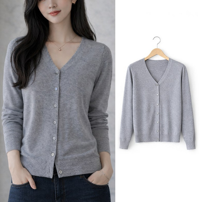 VERIT 슬림핏 기본 긴팔 브이넥 가디건 사계절 여성용 커버업 가디건 VT526