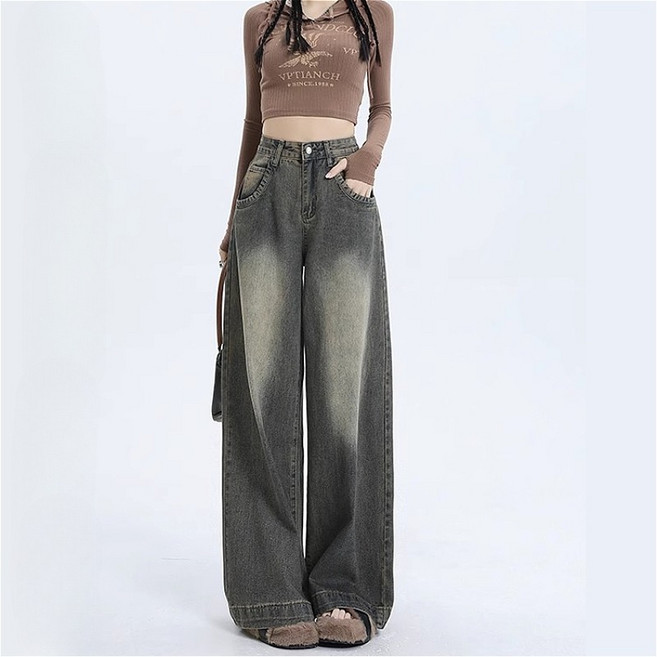 SAHINER 겨울 여성 하이웨이스트 워싱 데님 기모 와이드 팬츠 BNZ68