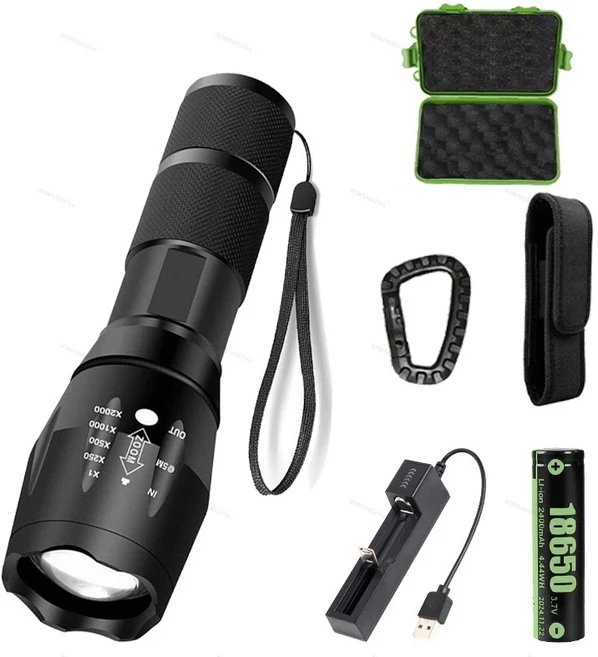 T6 강한 빛 손전등 LED 알루미늄 합금 텔레스코픽 줌 배터리 버전 충전 야외 서치 원격 손전등, 01 Black