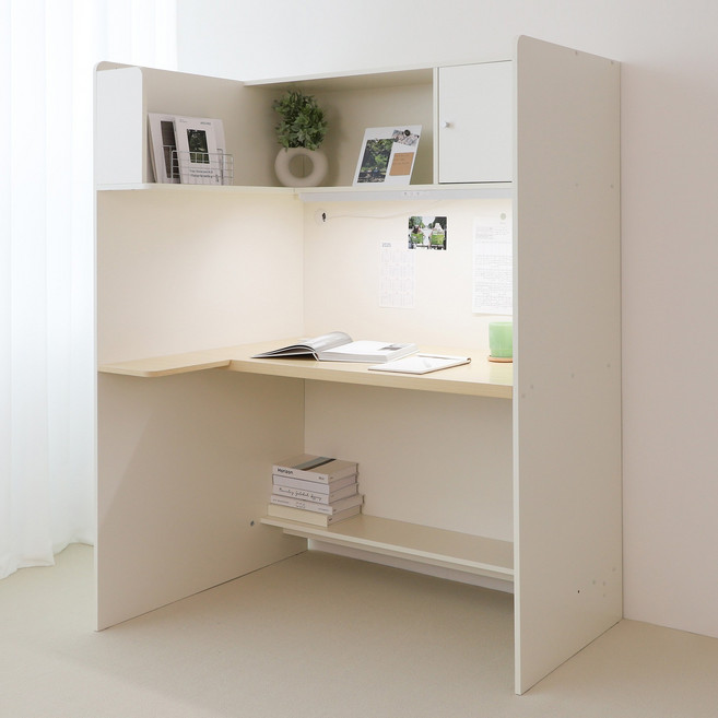 스터디스타 독서실책상 와이드 1200 라이트 크림화이트 자작나무 왼쪽선반, 와이드 토노 LED 스탠드, 바른자세 스마트패널 + 독서용 책거치대, 집중력보호 광목커튼