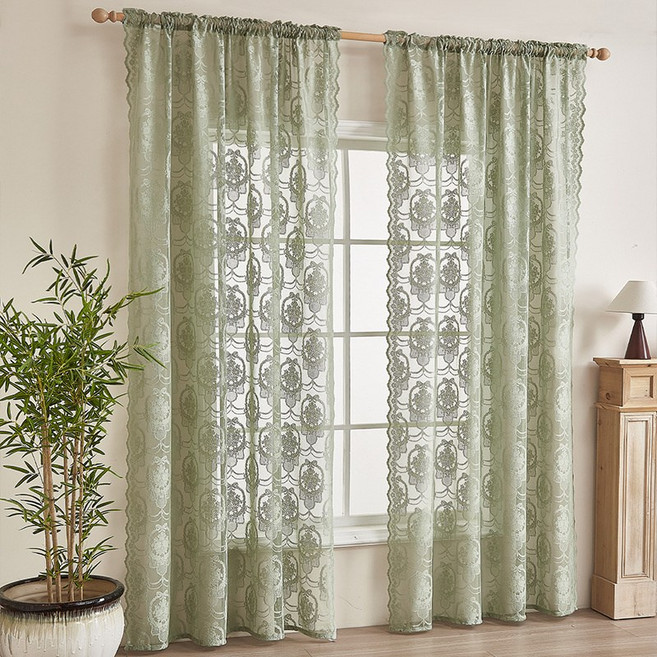 法式蝴蝶窗簾遮光成品窗紗穿杆蕾絲布藝批發免打孔安裝成品簾, 法式蝴蝶窗簾(綠色)