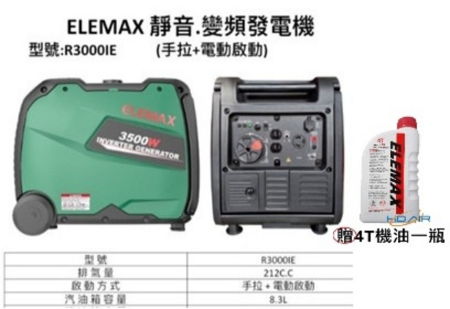 ELEMAX R3000IE 變頻發電機 3500W 四行程 電啟動 110V 附發票 適用於停電露營擺攤, 1個, R3000IE發電機,寄送-附實體發票(可開統編)