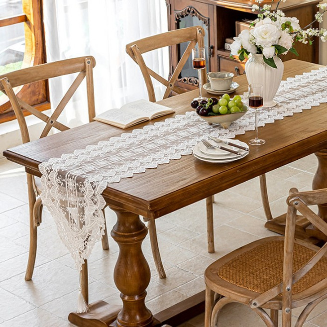 MIROSE 클래식 레이스 테이블 러너 식탁 데코 인테리어 소품 홈파티, 1개, 35x120cm, 화이트