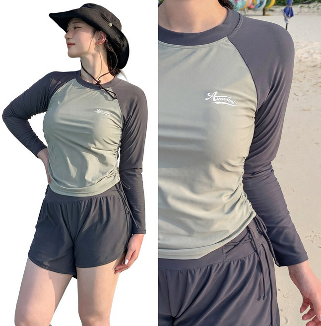 비키비키 니톨 2pcs 래쉬가드 세트 세트 상의 하의 빅사이즈 비치웨어 수영복, ONE COLOR