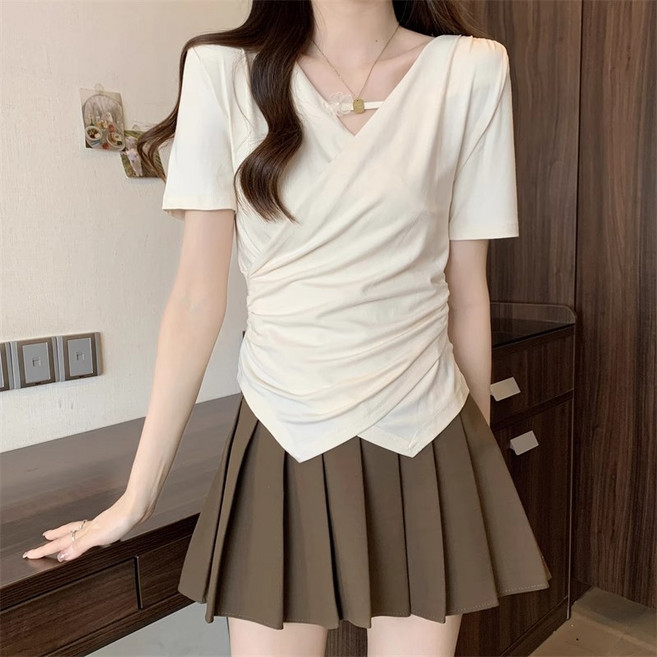 여성 크로스 V넥 반팔 주름 크롭 탑 날씬해보이는 캐주얼 블라우스