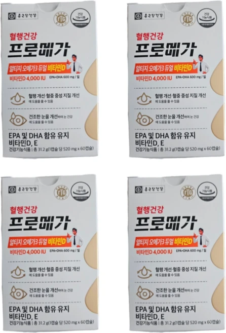 종근당건강 프로메가 알티지 오메가3 듀얼 비타민D(4 000IU) 520mg x 60캡슐, 2정, 4박스 - 쿠팡