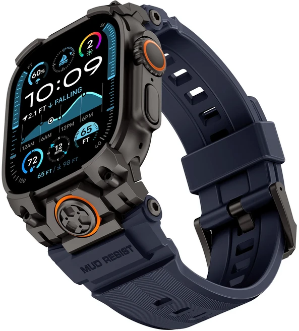 애플 워치 울트라 49mm 전술 호환 스틸 스포츠 실리콘 스테인리스 밴드, Black-Blue, 1개