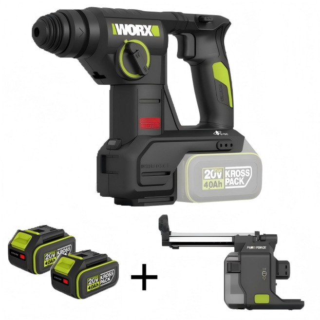 윅스WORX WU384 리튬전지 해머 콘크리트 드릴 벽전동공구 4.0Ah배터리2개 충전기1개 먼지흡입기1개 포함, 1세트