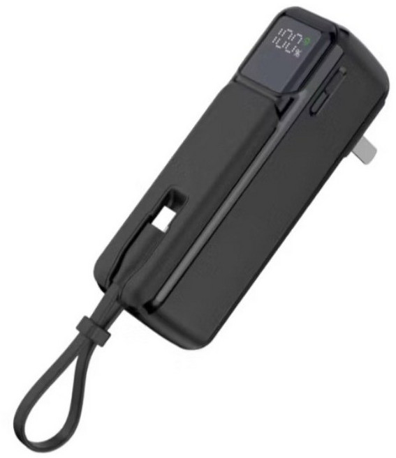 HANG 自帶插頭行動電源 5000mAh PD20W BSMI認證 可折疊AC插頭 內建Type-C線 多國轉接頭 AC1, 黑色