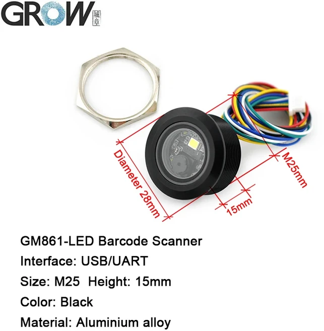GROW GM861-LED 흰색 채우기 조명 UART/USB 1D/2D 바코드 QR 스캐너 모듈(스테인레스 스틸 인클로저 포함), 02 Black a-alloy