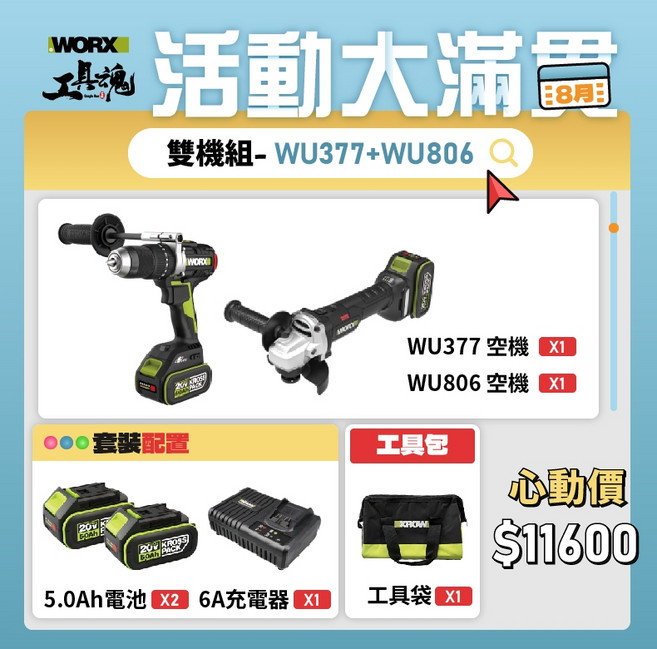 WORX 威克士 20V 無刷鋰電衝擊鑽砂輪機雙機組 WU377+WU806, 1個