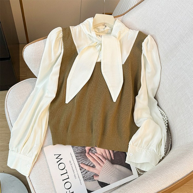 일상 통근 프레피 셔츠 여성용 레이스 업 루즈한 캐주얼 다용도 레이어드 니트