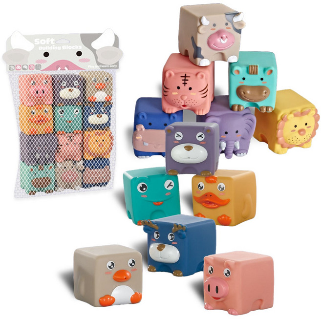 토이토 실리콘 애니멀 스태킹 블럭 동물 블록 장난감, 12개입 세트
