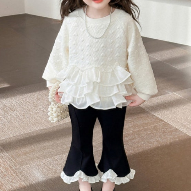 [떼아베베] 3-7세 여아 상하복 100-130호 긴팔 하트 프릴 레이스 티셔츠 맨투맨 바지 밴딩 부츠컷 팬츠 상하세트 키즈 아기 데일리 나들이 행사 소풍 등원룩 아동복
