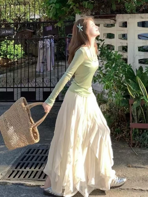 白色蛋糕裙女春夏新款高腰顯瘦韓系溫柔風多層蕾絲a字蓬蓬長裙子