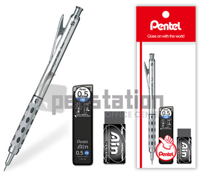 펜텔 그래프기어 0.5mm 샤프+샤프심C285+지우개 세트, 기어 샤프0.5mm+샤프심C285-HB+아인지우개 블랙