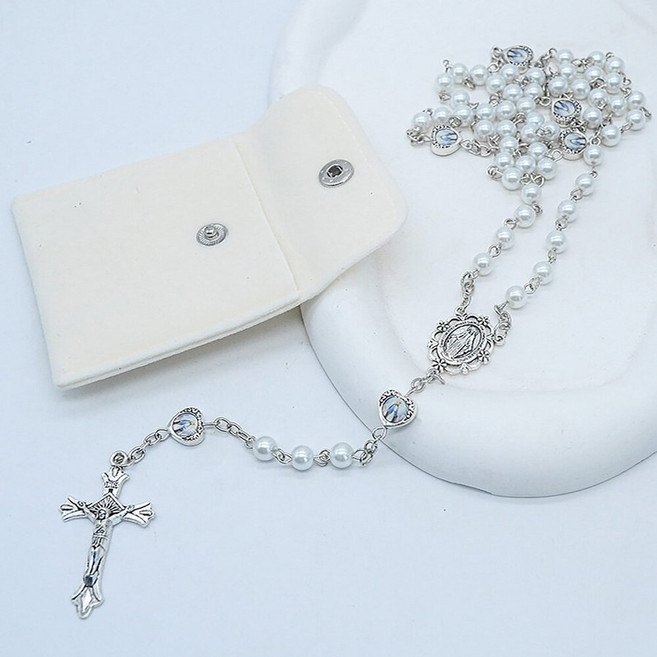 누리몰 5단묵주 천주교 성물 카톨릭 예수님 기도 목걸이 파우치, 화이트, 1개