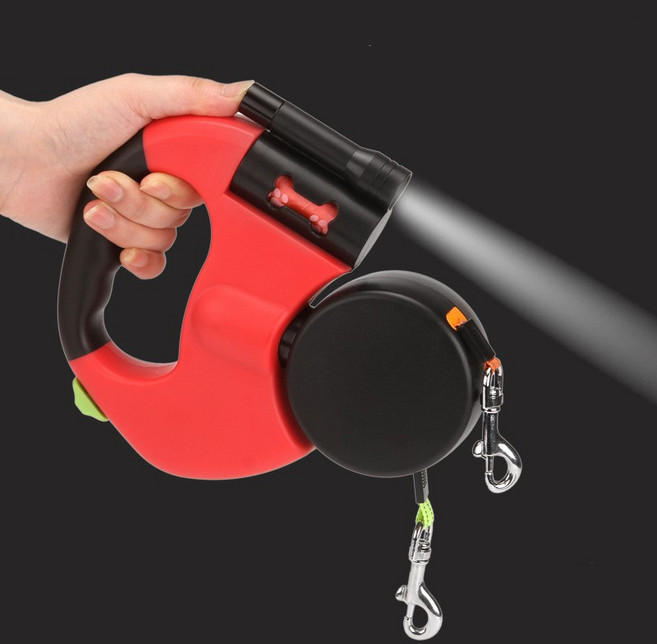 루프(Loop) 3in1 반려견 강아지 두마리 자동 리드줄 산책 소형견 듀얼리드줄 트윈 야광줄 3M, 레드, 1개