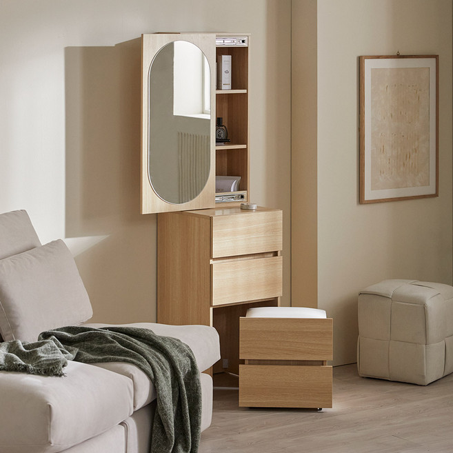 [할인해봄] 파로마 코니2 라운드 거울 틈새수납장 틈새화장대 스툴세트, 02A 오크