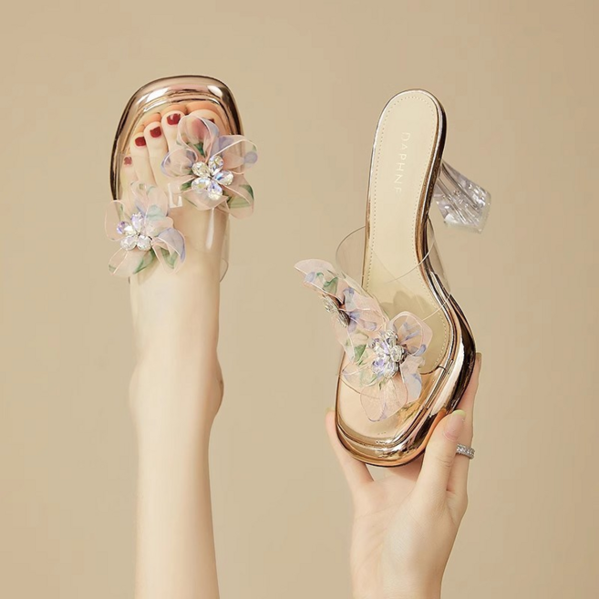 큐빅 힐 여자 여름 통굽 샌들 크리스털 투명 샌들