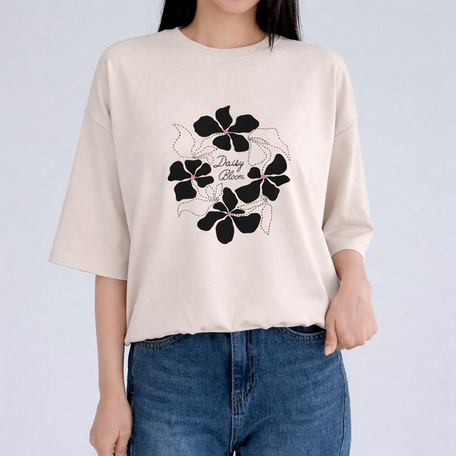 스티치 데이지 루즈핏 7부 반팔 맨투맨 티셔츠