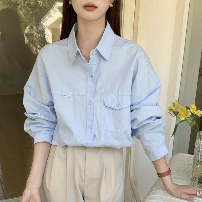 여성 데일리 화사한 봄셔츠 군살커버 여리핏 포켓 무지 심플 박스남방