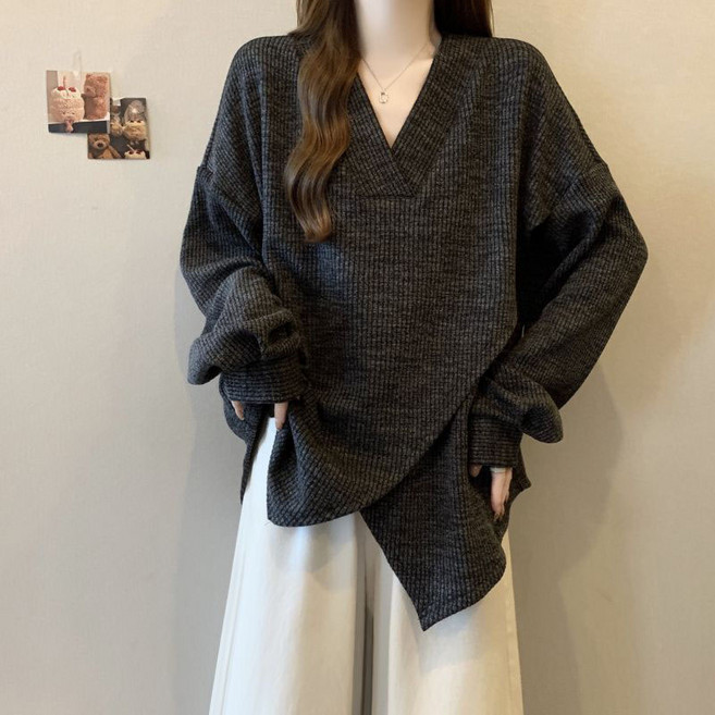 봄 임산부 외출복 빅사이즈 루즈핏 브이넥 언밸런스 임부 긴팔티 캐주얼 임부복 긴소매 상의 YSQ