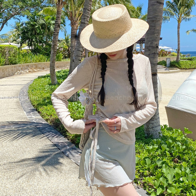[비치팜]스톡 셔링 커버업 니트 비치웨어 긴팔 상의 여성 여름 썸머 시스루 탑, 베이지