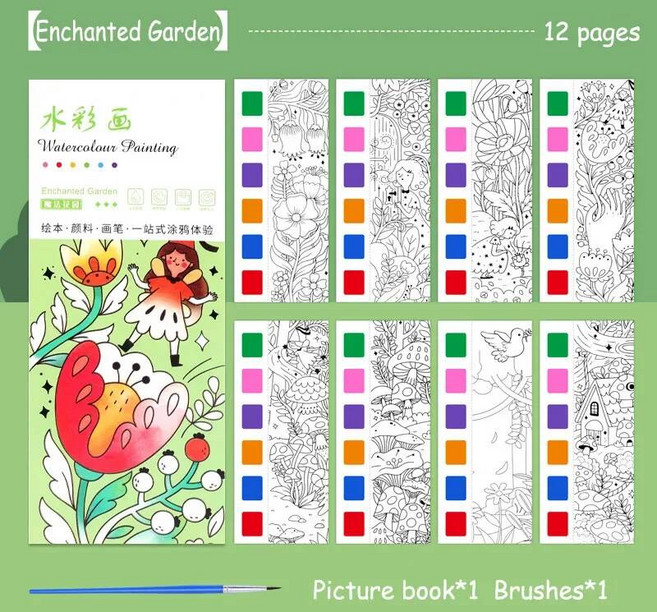 12 페이지 어린이 수채화 색칠하기 책 어린이를위한 그림 장난감 생일 추수 감사절 할로윈 부활절 크리스마스 선물 211393, Garden