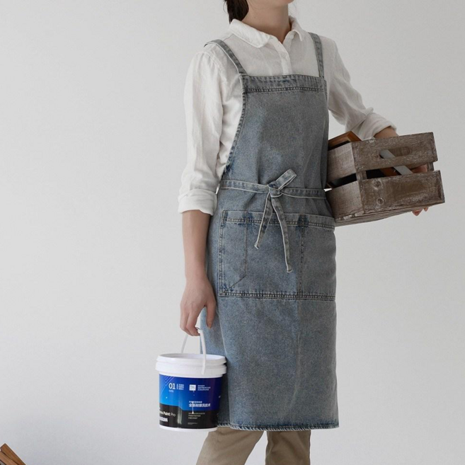 [신혼일기] 허리매듭 청 데님 원피스 주머니 포켓 앞치마 캔버스 카페 공방 꽃집 앞치마, 1개