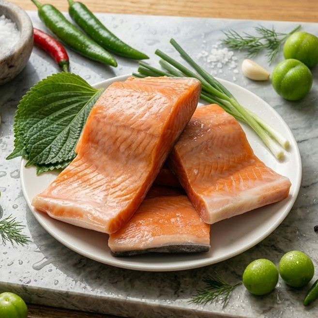 [푸른드리] 손질되어 손편한 7Cm 절단 연어살 3kg 칠레산 껍질있는 스테이크용