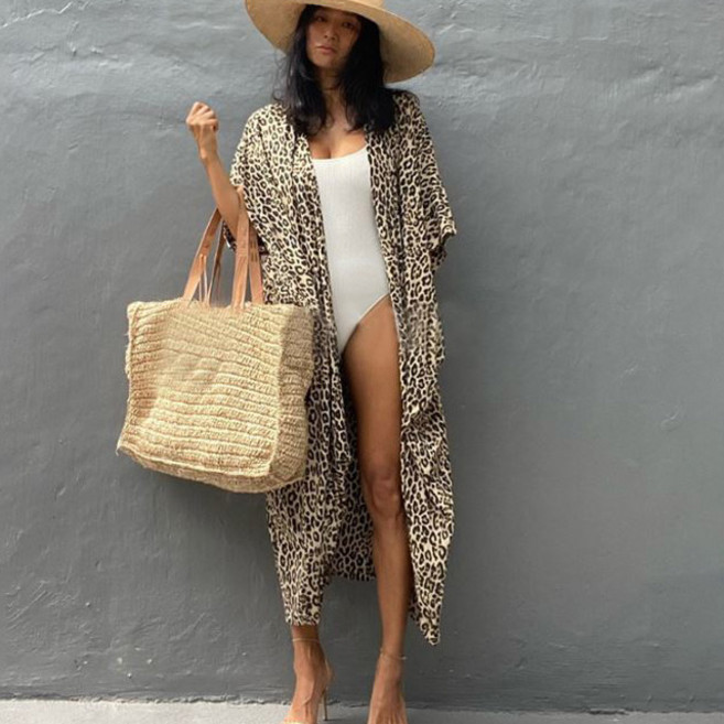 고릴라 여성 비키니 커버업 비치 로브 가디건 수영복로브 비치웨어, 옐로우, 3.레오파드