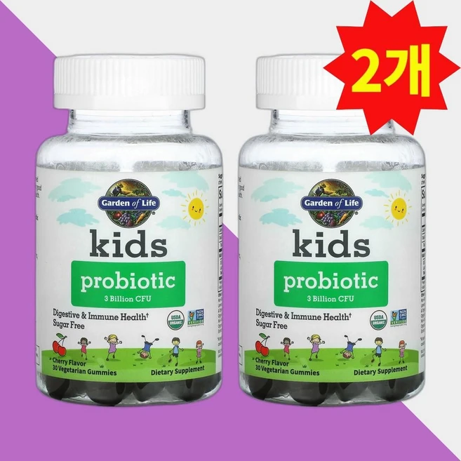 1+1 가든오브라이프 키즈 프로바이오틱스 30억 CFU 구미젤리 30개 체리맛 스테비아, 2개, 30정 - 쿠팡