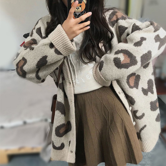 데일리쮸 여성 레오파드 니트 가디건