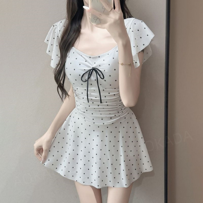 Vigik 여성 여름 모노키니 도트 반팔 수영복 원피스 체형커버 바캉스 휴양지 원피스 스윔웨어, 화이트