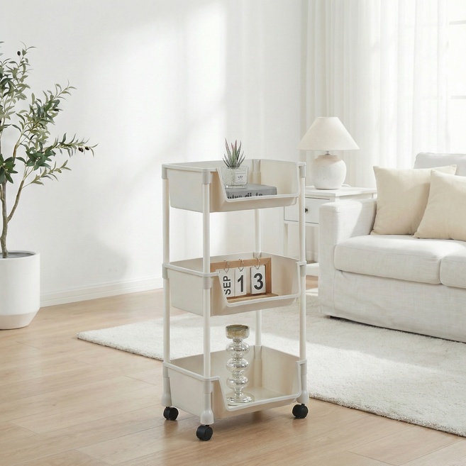 리빙코아 이동식 트롤리 바구니 수납 선반 다용도, 화이트, 3단