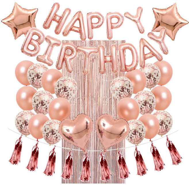 하트 스타 생일 은박풍선 컨페티 혼합풍선 파티커튼 럭셔리 생일파티용품 세트 [에브리띵스마일] 1027, 1세트, 로즈골드