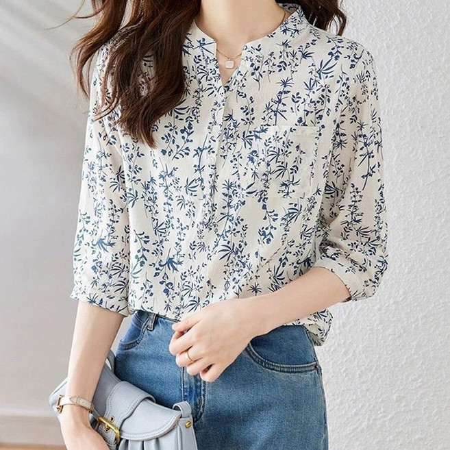 swygsqql 블루 잔꽃무늬 여성 블라우스 여름 얇은 7부 소매 셔츠 블라우스