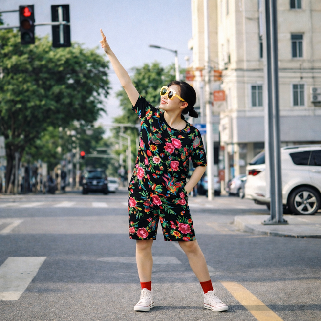 ROUGH DIA_난리나 촌캉스 플라워 반팔 세트 여성 단체룩 여행 MT 운동회 여름 코디